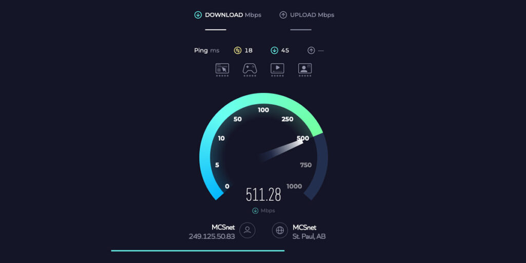 Screenshot of an Ookla speed test depicting a download speed of 511.28 Mbps.