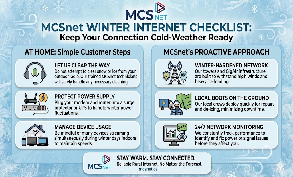 Infographic that outlines the steps customers can take at home and the steps MCSnet takes to ensure your internet continues to be strong in Canada's cold winter months.