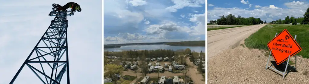 A MCSnet Tower Climber on a tower, A scenic image of Sunny Beach RV Lots and Lac La Nonne in Barrhead County, A MCSnet fiber build in process sign on a road.