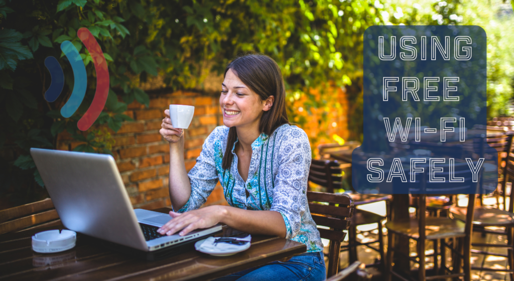 Image of a woman using free wi-fi at a coffee shop.