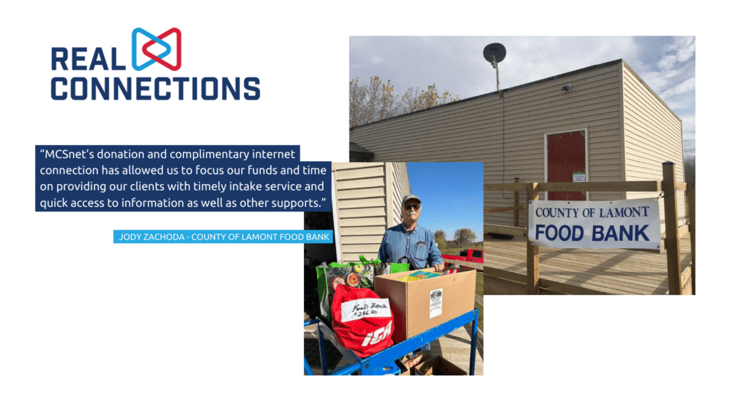 County of Lamont Food Bank store front and a volunteer with donated food.