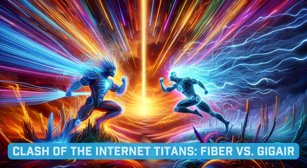 A futuristic, neon image depicting Fiber vs. Gigair titans going head-to-head.