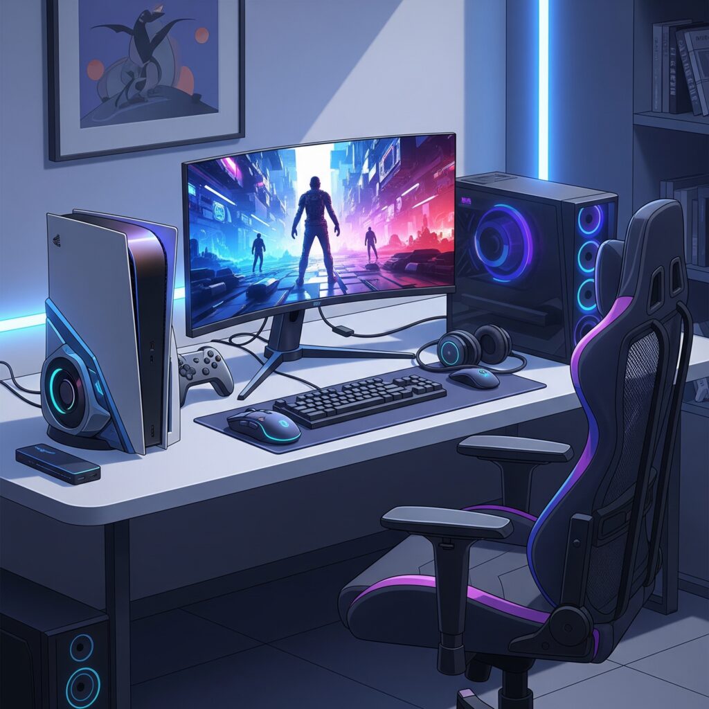 An AI image of a Next-Gen gaming console placed in a home setting.