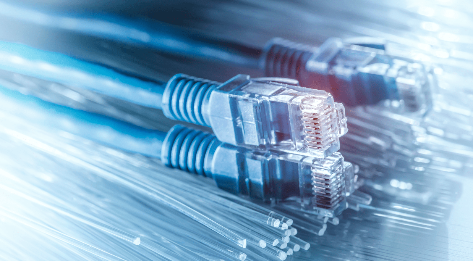 Troubleshooting Network Hardware & Cabling Problems. Close-up image of ethernet cables and fiber opticc.