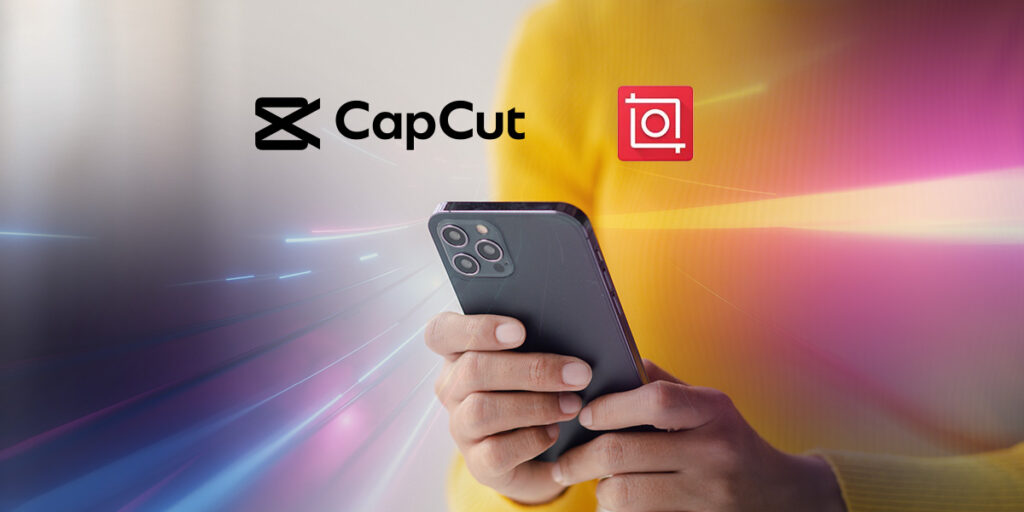 Colourful image of a person holding a mobile phone with the CapCut logo displayed.