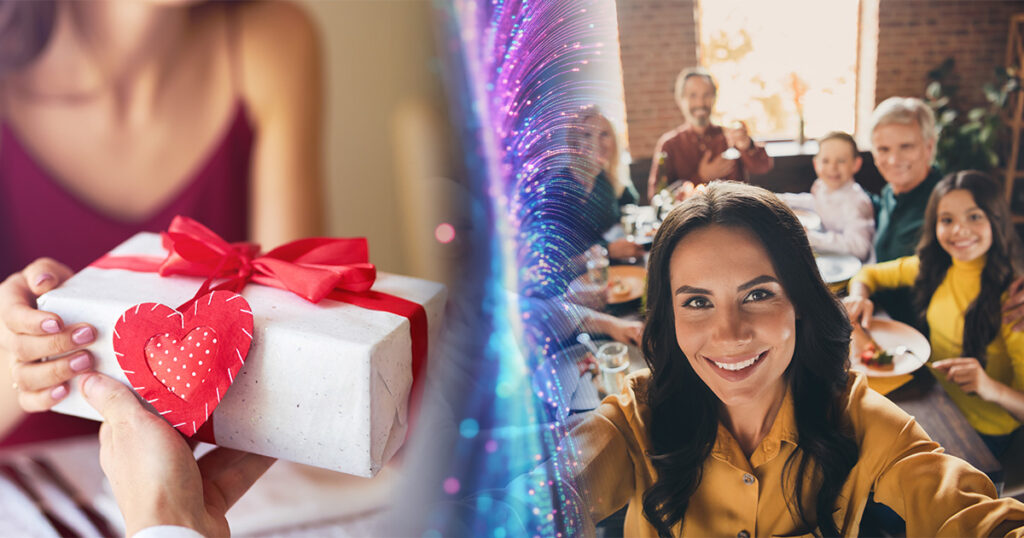 Two pictures: one of a man giving a woman a Valentine's Day gift. The other is a woman taking a photo of herself and her extended family gathering around the dinner table for Family Day.