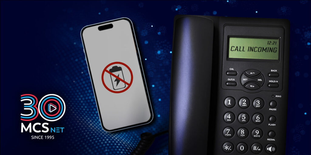 Picture of a mobile phone displaying a dead battery beside a MCSnet Home Phone displaying a call incoming.