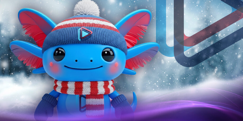 An image of Giggy in the snow wearing a toque, mitts, and, scarf.