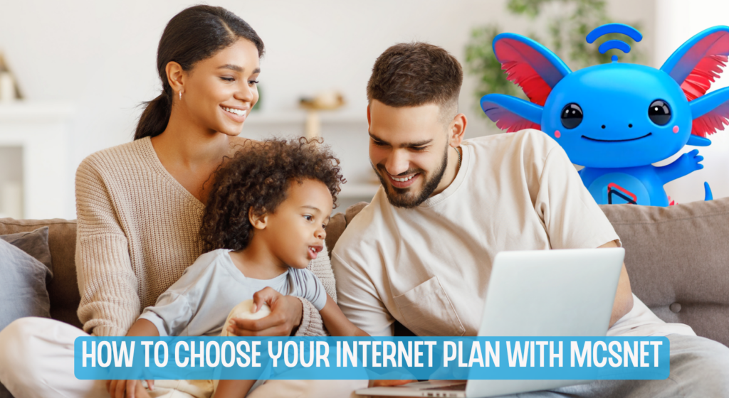 Picture of a young family sitting on the couch watching something on a laptop with Giggy waving in the background.