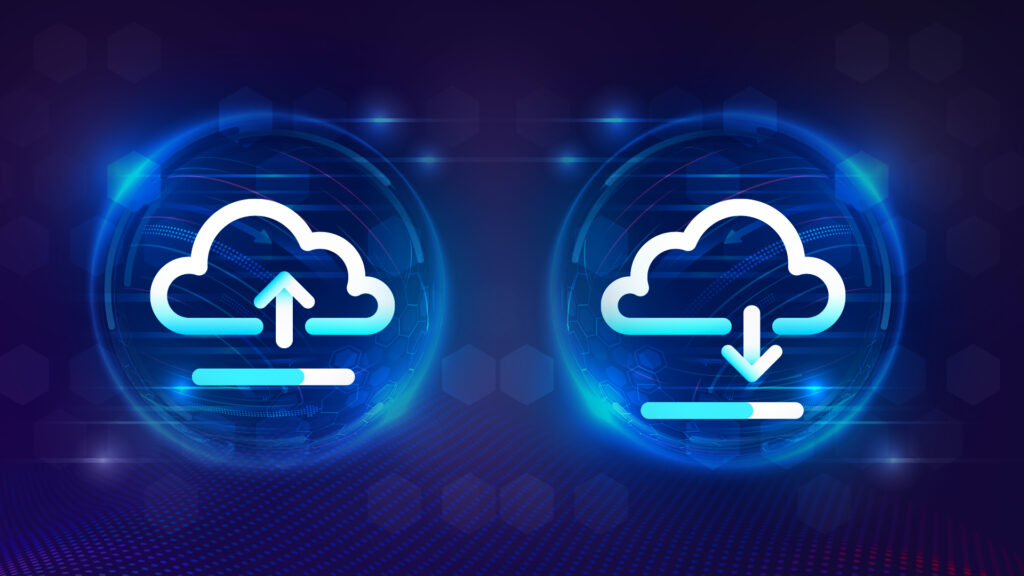 Digital image of a cloud with an arrow pointing up and a digital image of a cloud with an arrow pointing down.