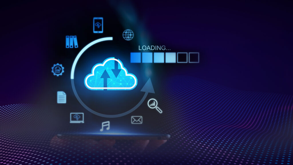 Digital image of a cloud with a up and down arrow, surrounded by icons representing difference technology using the internet and a loading icon to the side.