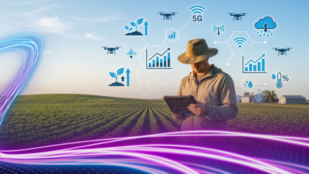 Rural scene with a man in a hat holding a tablet in the middle of a field. There are digital images of wi-fi symbols and other internet-related images. 