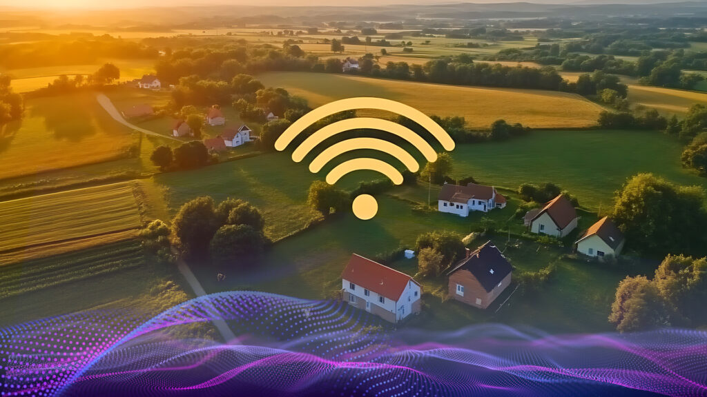 Image of a rural landscape with a large Wi-Fi symbol over top of a rural home.