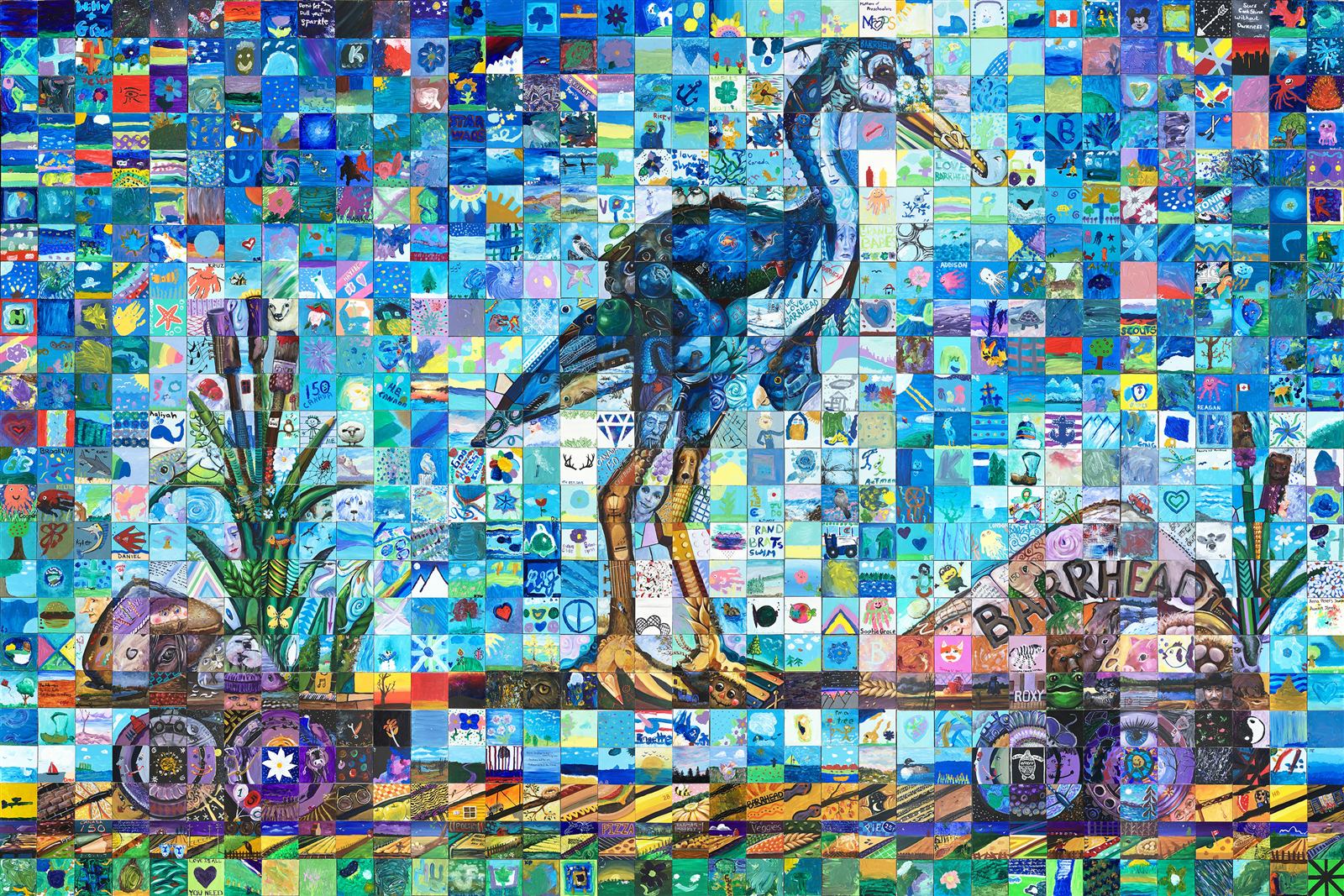 Community mosaic mural in the shape of a Great Blue Heron in Barrhead, Alberta
