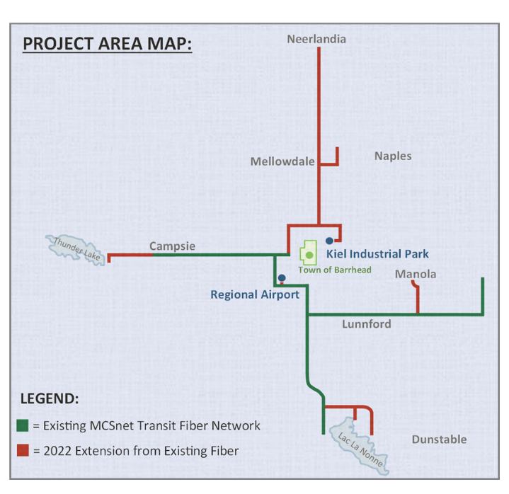 Map of MCSnet transit fiber network across the County of Barrhead, showing Neerlandia, Thunder Lake, Manola, and Lac La Nonne