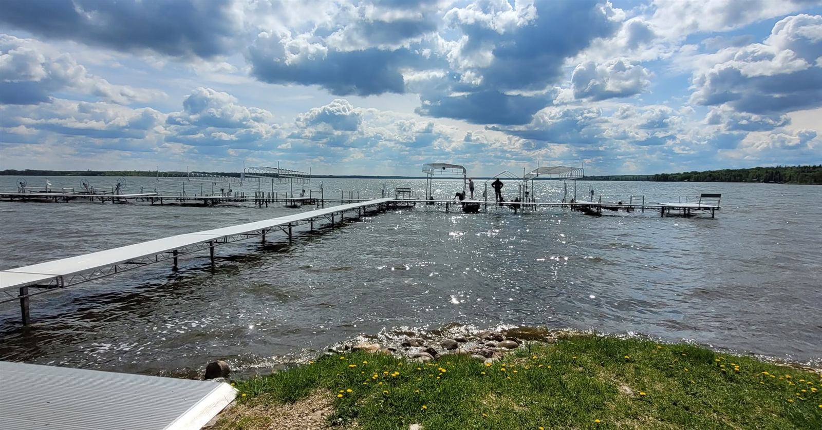 Boat docks on Lac La Nonne at Birch Cove, Alberta