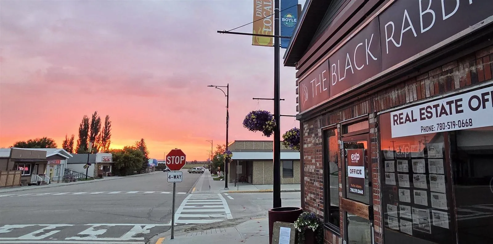 Main Street in Boyle, Alberta at sunset