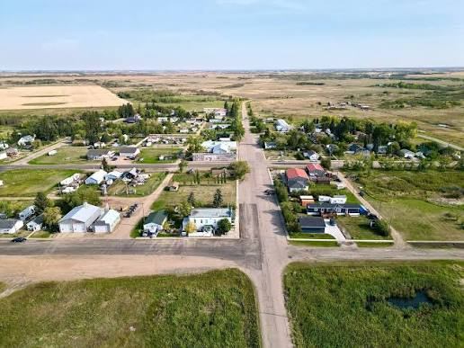 Aerial view over the hamlet of Bruce, Alberta, along Highway 14