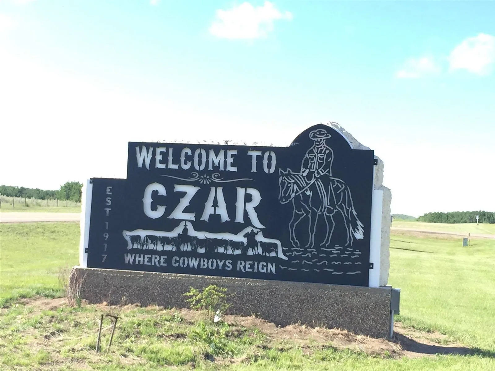 Welcome to Czar sign, Where the Cowboys Reign, MD of Provost, Alberta