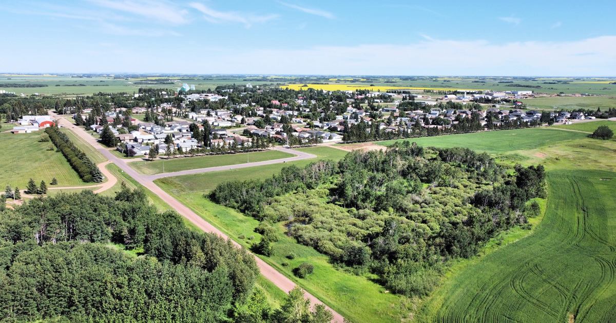 Aerial view of Forestburg, Alberta and the surrounding farmland