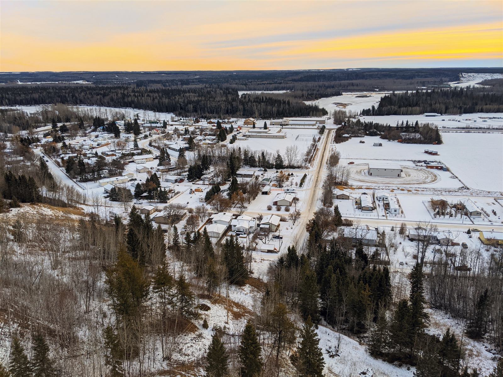 Aerial winter view of Fort Assiniboine, Alberta, on the Athabasca River