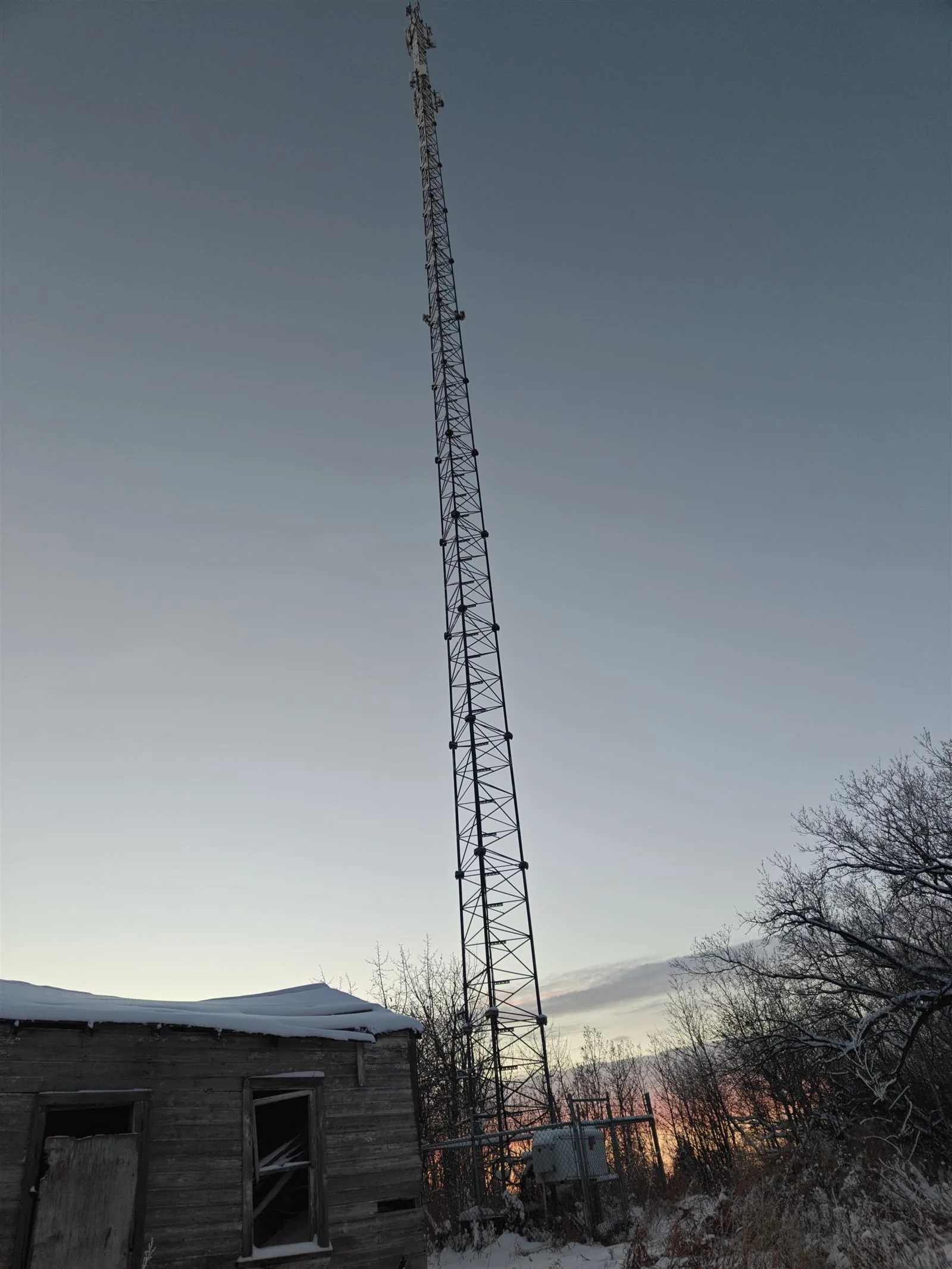 MCSnet communications tower near Hilliard, Alberta at dusk