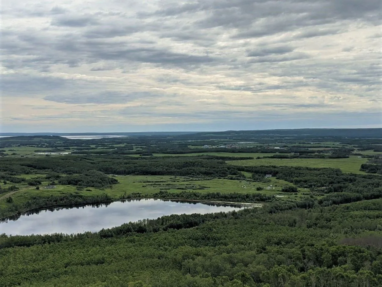 Aerial view of the lake and farmland around Kehewin Cree Nation, Alberta