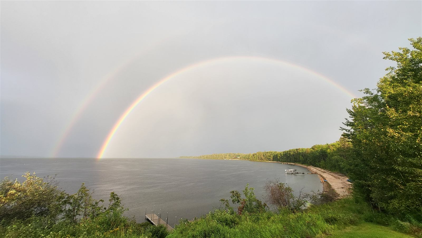 Double rainbow over Lac La Biche Lake in Lac La Biche County, Alberta