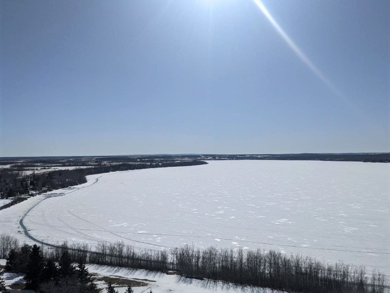 Aerial winter view of Moose Lake near North Shore Heights, Alberta