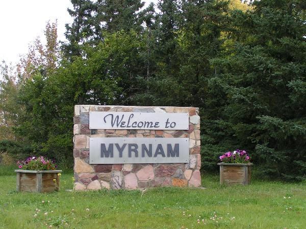 Welcome to Myrnam sign at the entrance to the village of Myrnam, Alberta