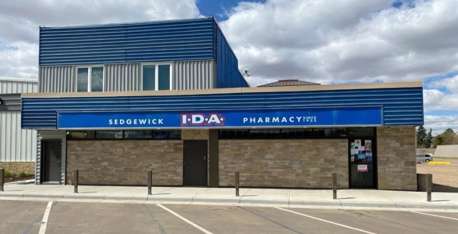 Sedgewick I.D.A. Pharmacy storefront on Main Street in Sedgewick, Alberta
