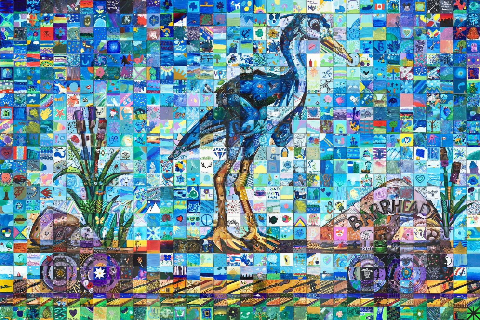 Community mosaic mural for Barrhead, Alberta, made of hundreds of small hand painted tiles that together form a blue heron, with the name Barrhead lettered on a stone at the lower right