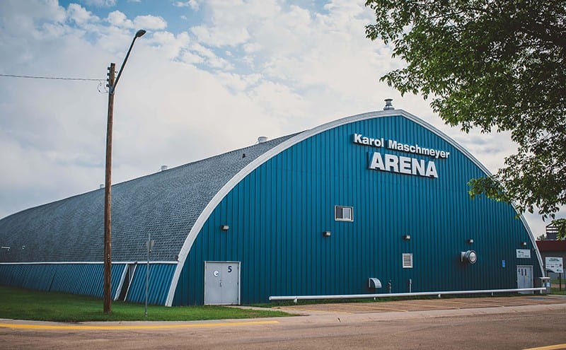 Exterior of the Karol Maschmeyer Arena in Bruderheim, Alberta, an MCSnet free Wi-Fi hotspot